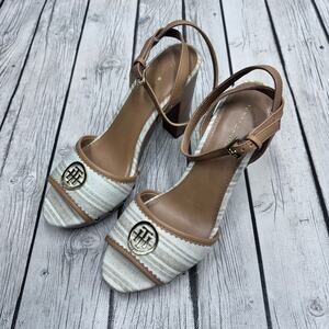 TOMMY HILFIGER Size 9 Faux Wood Linen Platform Sandals